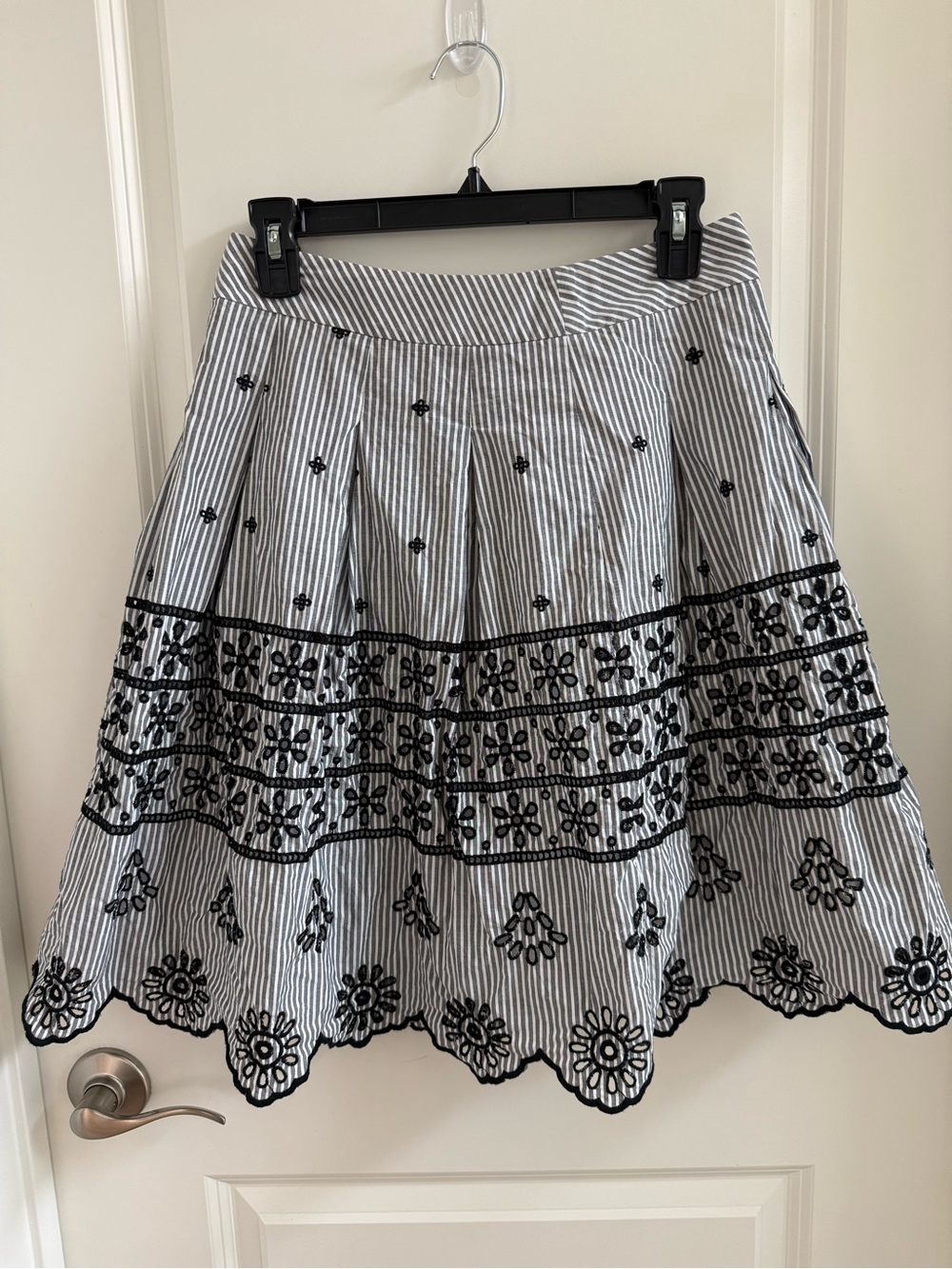 Talbots Black & White Striped Embroidered Circle Skirt